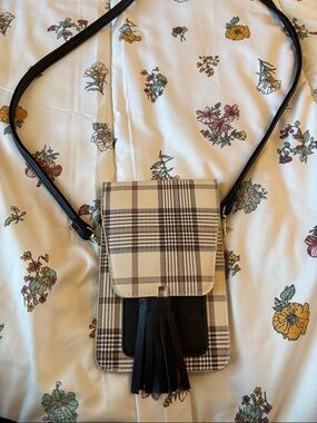 Plaid Crossbody Phone Bag with Black Tassel